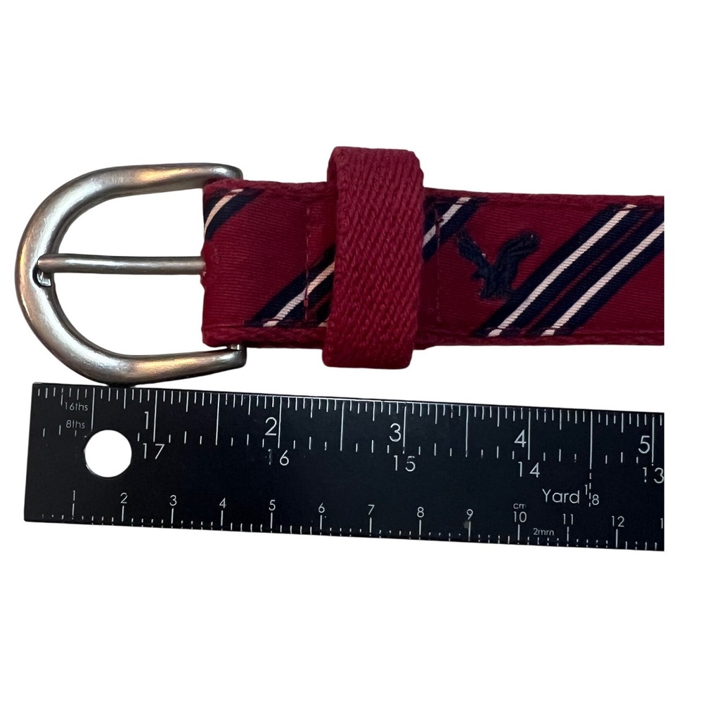 American Eagle Men Webbed Belt Burgundy Red Navy White Striped Silver Buckle 41"